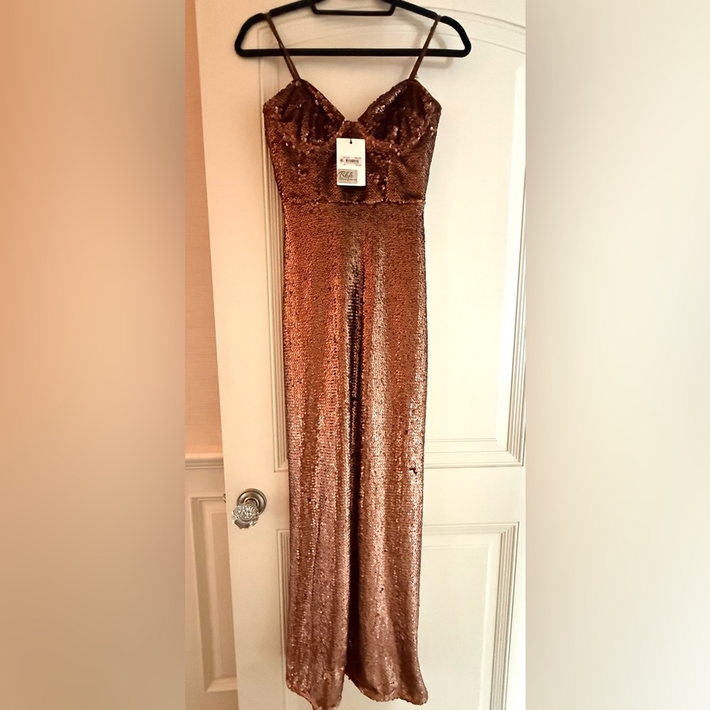 Bardot New Tags NWT Bronze Brown Wine Sequin Long Maxi Dress Corset 2 XS